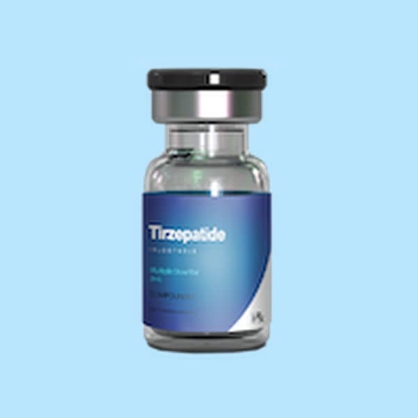 Compounded Tirzepatide vial on a soft blue background