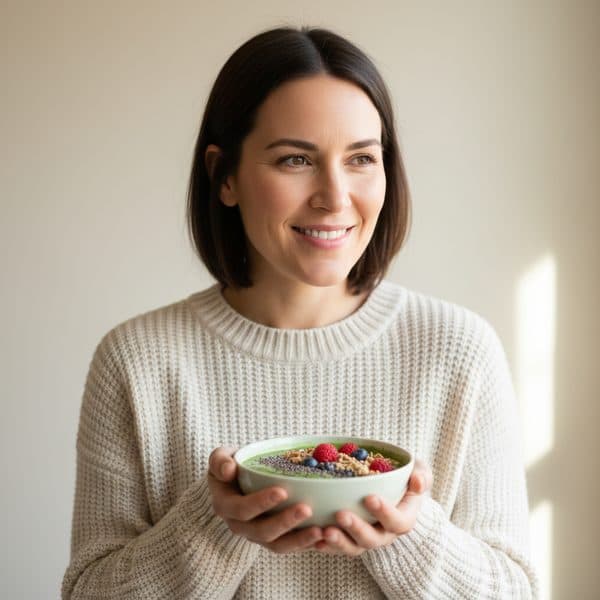 Woman holding a smoothie bowl in a sunlit kitchen
