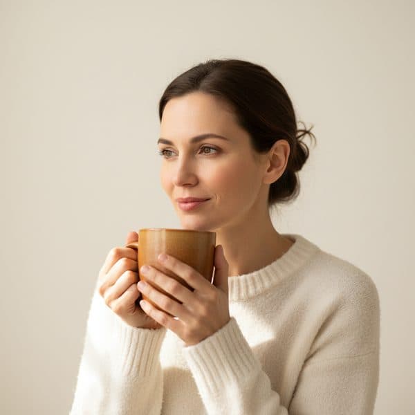 Woman holding a warm ceramic mug